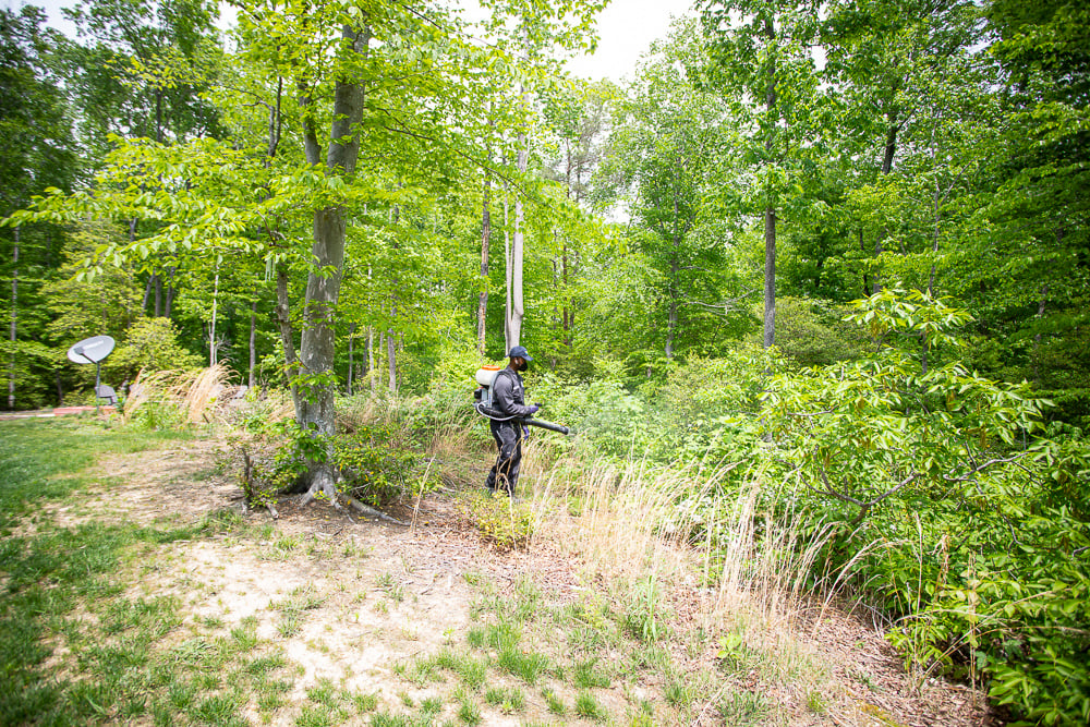 pest control technician sprays wooded area