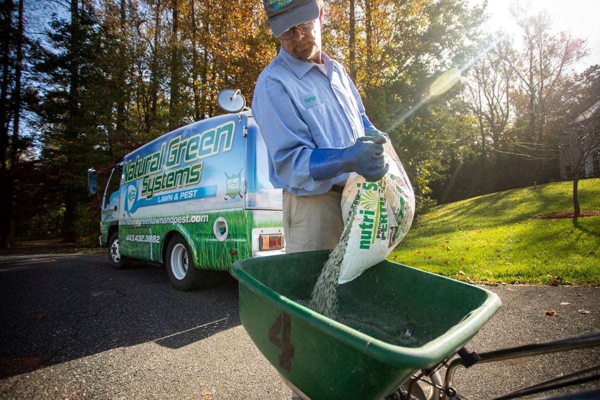 lawn care team pours fertilizer into spreader