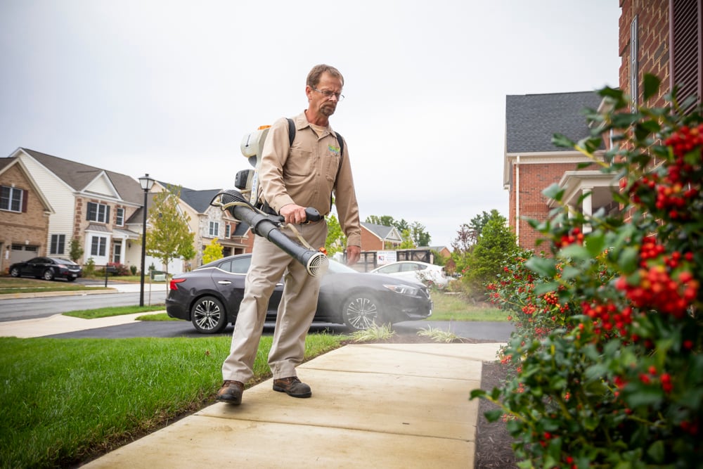 pest control technician sprays for mosquitoes