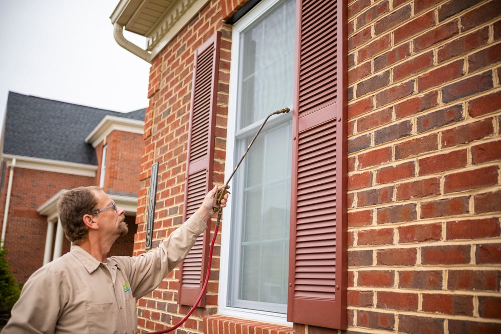 pest control team sprays perimeter of window