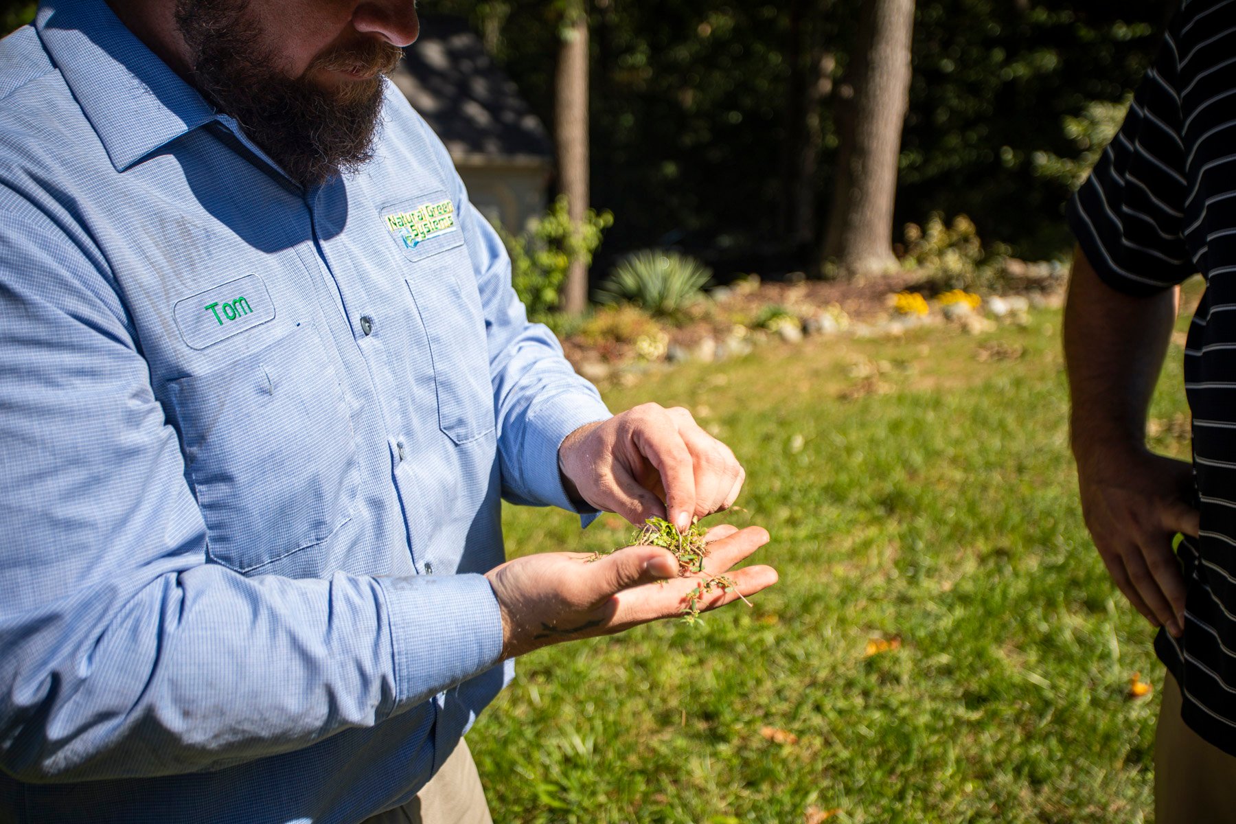 Lawn care technician talking with customer about lawn weeds