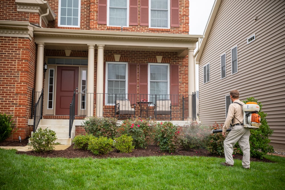 pest control technician sprays landscape beds for mosquitoes