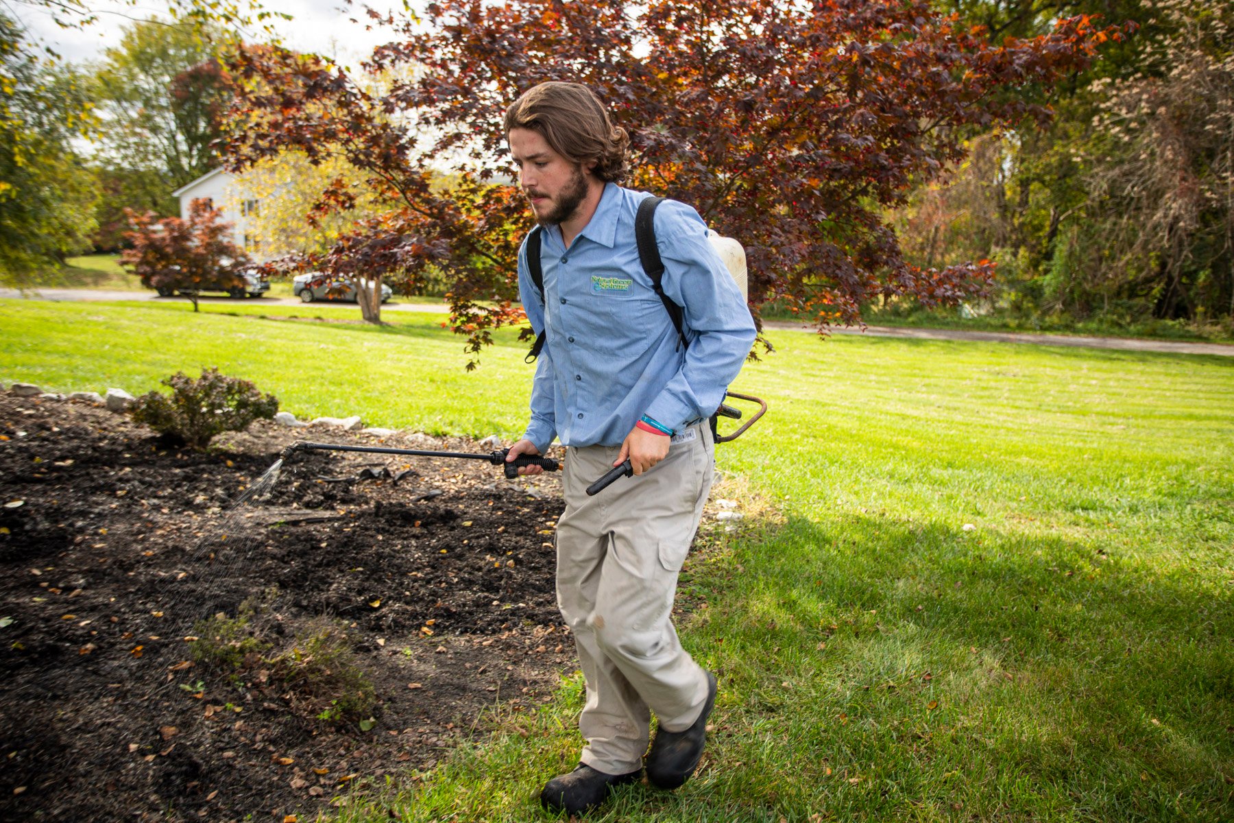 lawn technician spraying for weeds in Maryland lawn