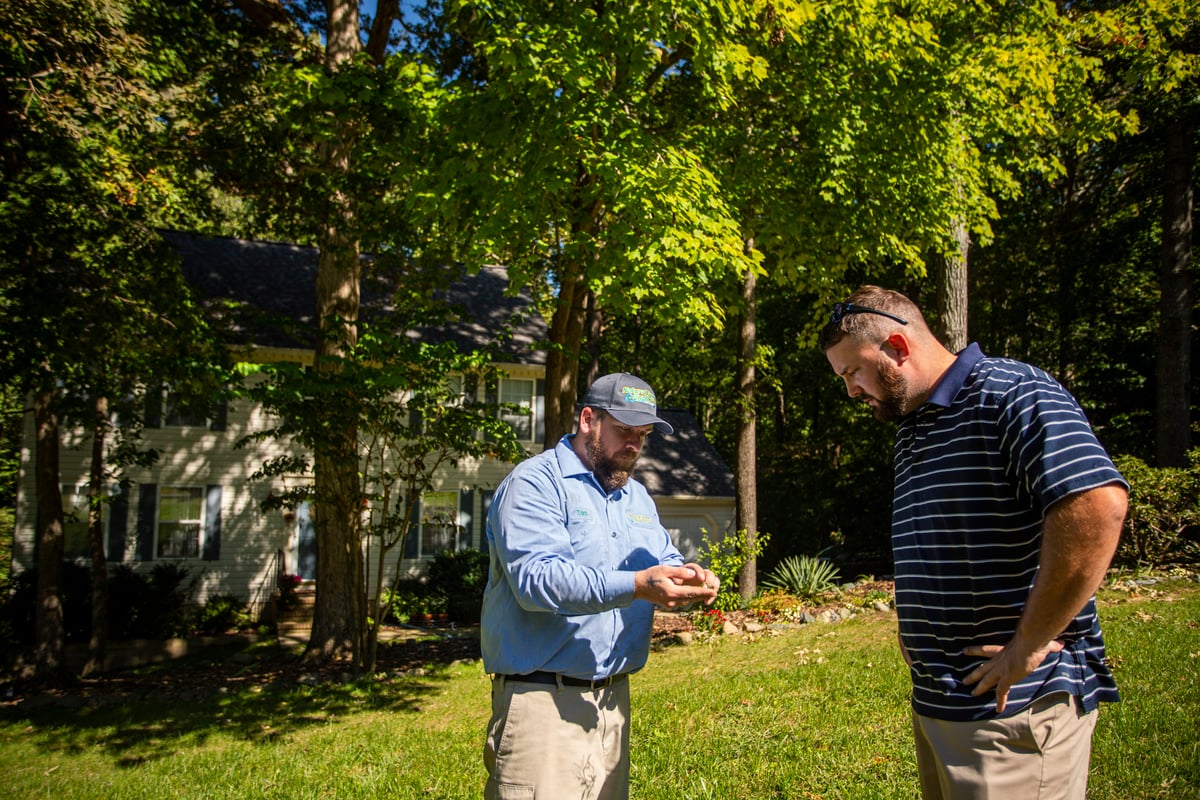 lawn care technician and customer look at weeds found in lawn