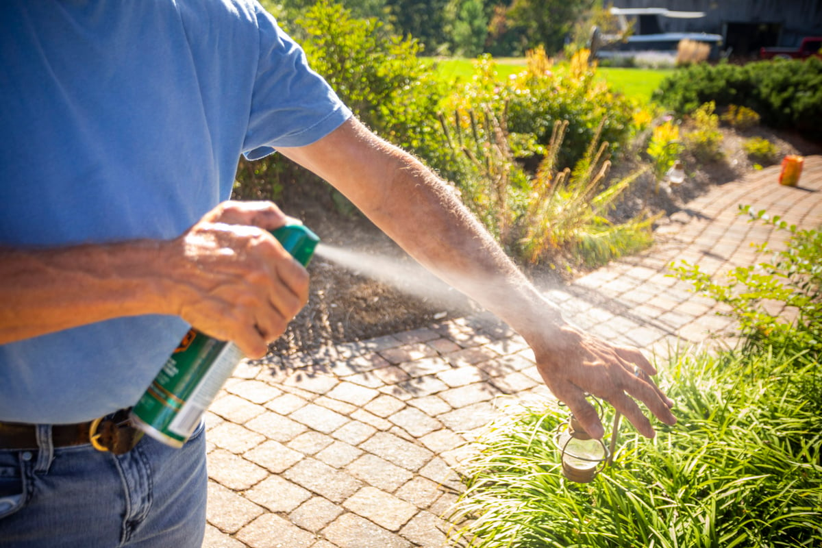 homeowner puts on bug spray